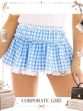 Gingham Plaid Pleated Mini Skirt Lace Ruffle A-Line Cosplay